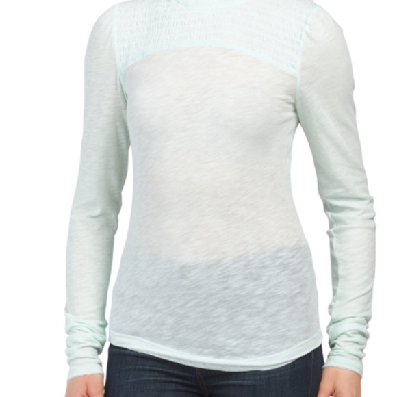 Free People Iced Aqua Caroline Smocked Long Sleeve Top - Picture 2 of 16